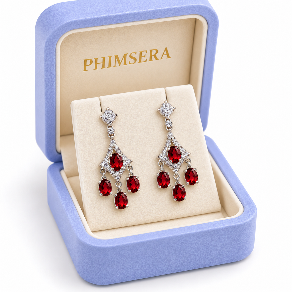 Angled view of a periwinkle Phimsera jewelry gift box containing natural red garnet chandelier earrings with 4x5mm oval gemstones, sparkling cubic zirconia accents, polished sterling silver settings, and three dangling garnet drops per earring.
