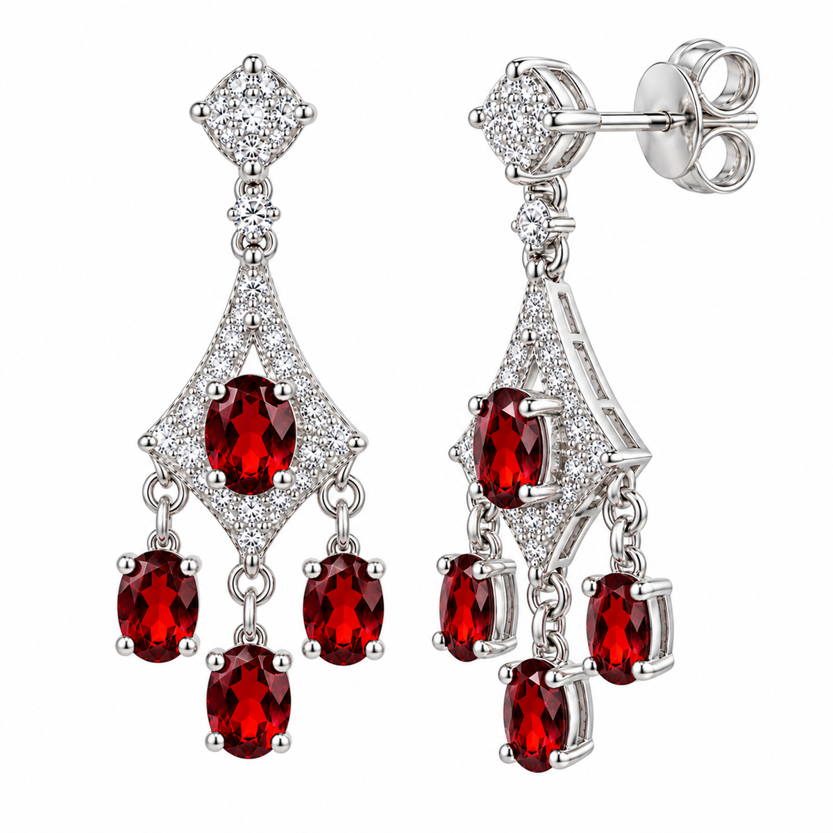 Side profile of natural red garnet chandelier earrings showing polished sterling silver settings, sparkling cubic zirconia accents, oval 4x5mm garnet gemstones, connecting rings, three suspended garnet drops, and traditional posts with butterfly backs.