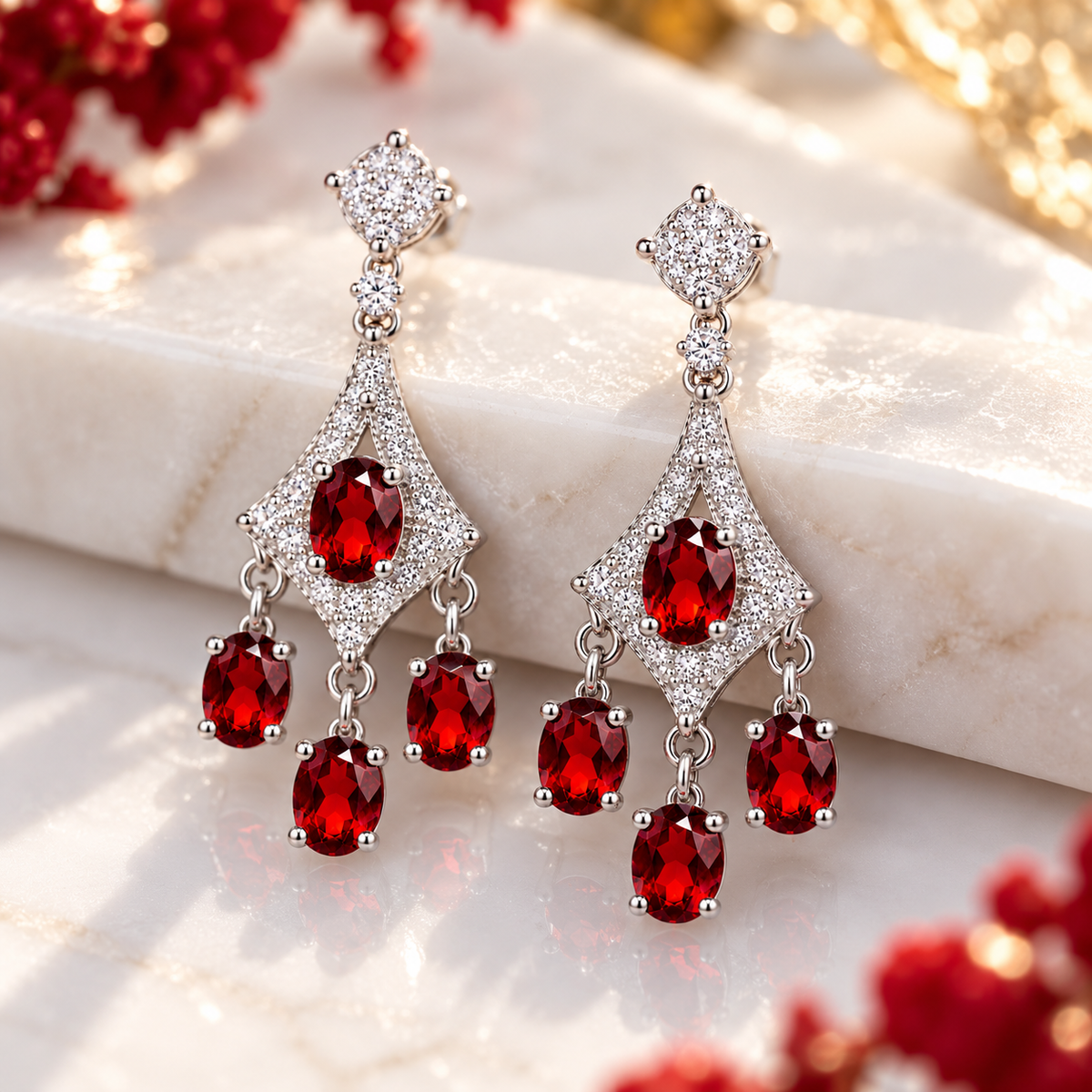 A pair of silver-tone dangle earrings with clear pavé stones and deep red gemstone accents, displayed on a white marble slab with blurred red floral elements in the background.