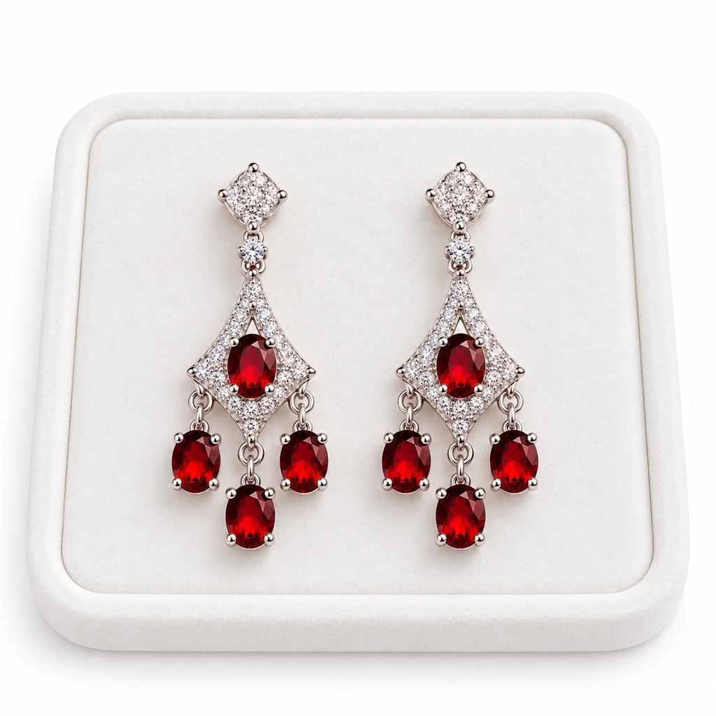 Pair of natural red garnet chandelier earrings displayed on a premium white velvet jewelry tray, featuring 4x5mm oval crimson gemstones, sparkling cubic zirconia accents, polished sterling silver settings, and three dangling garnet drops per earring against a pure white background.