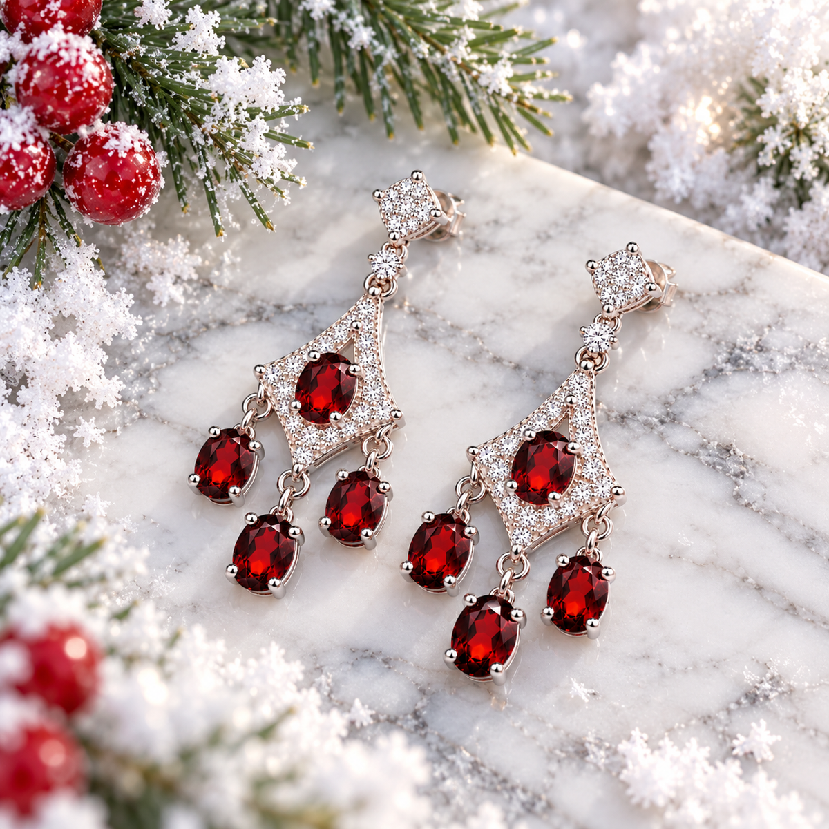 Natural red garnet chandelier dangle earrings resting flat on white marble with delicate gray veining, surrounded by frosted evergreen branches, snowflakes, and red winter berries, showcasing 4x5mm oval garnets and sparkling cubic zirconia accents.