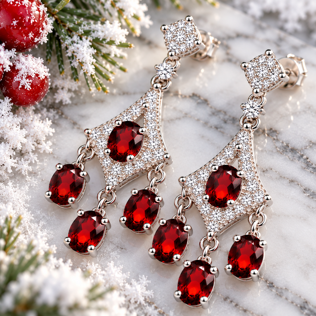 Close-up macro photograph of natural red garnet chandelier earrings resting on snowy white marble, highlighting deep crimson-red oval gemstone facets, brilliant cubic zirconia accents, polished sterling silver geometric frames, and delicate cascading garnet drops.