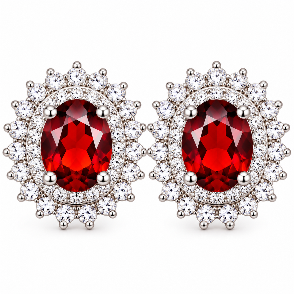 Natural red garnet double halo stud earrings featuring two 5x7mm oval crimson-red gemstones surrounded by sparkling clear cubic zirconia in polished 925 sterling silver four-prong settings against a pure white background.