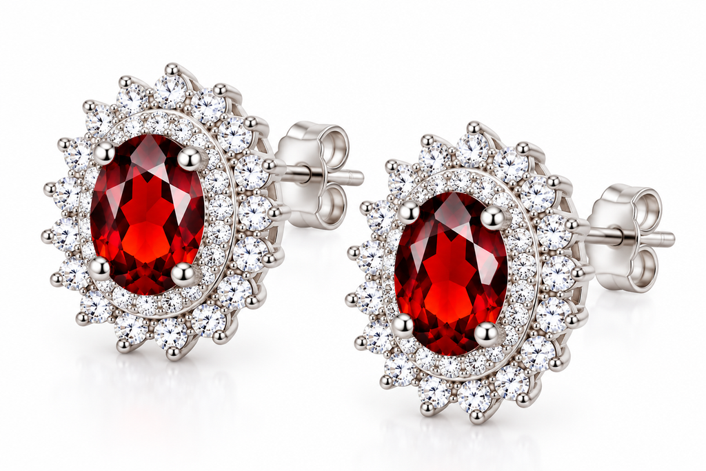 Angled view of natural 5x7mm oval red garnet stud earrings with sparkling cubic zirconia double halos, decorative sunburst settings, polished sterling silver prongs, and butterfly-back closures on a white background.