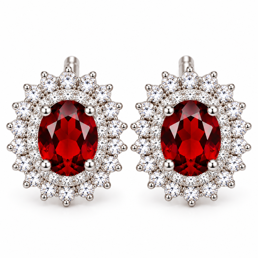 Detailed macro of natural 5x7mm red garnet double halo stud earrings highlighting deep crimson gemstone facets, sparkling clear cubic zirconia, polished sterling silver four-prong settings, and decorative sunburst borders.
