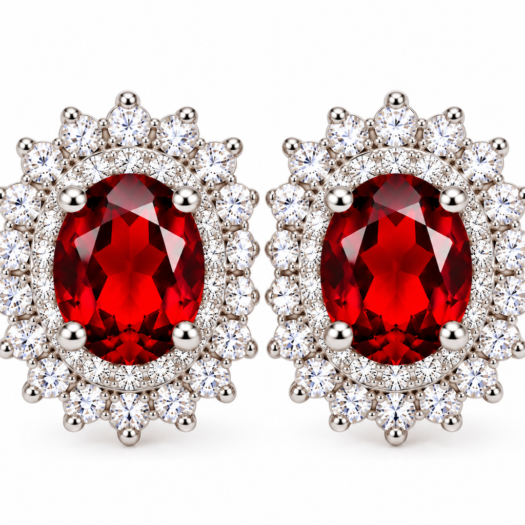 Extreme frontal macro photograph of matching natural red garnet double halo stud earrings with 5x7mm faceted oval crimson gemstones, sparkling inner cubic zirconia halos, and larger round CZ stones forming elegant outer sunburst borders.