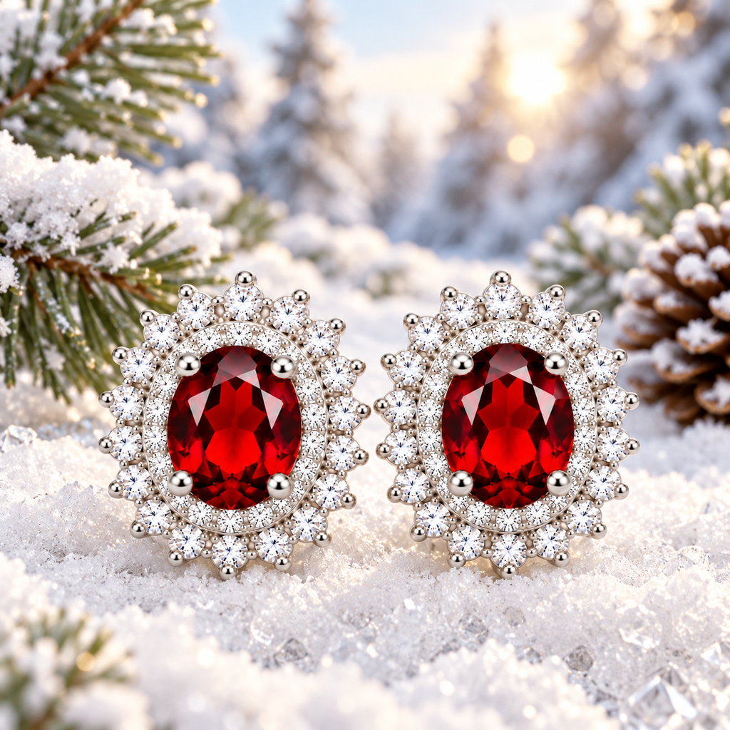 Red-haired woman with long loose auburn curls, natural green eyes, and a white winter sweater wearing natural 5x7mm red garnet double halo stud earrings in polished sterling silver against a snowy pine tree background.