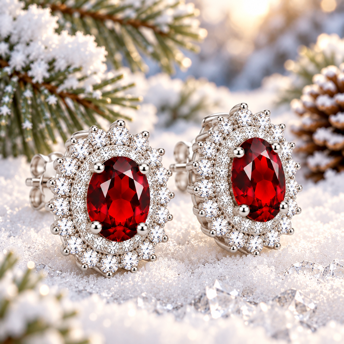 Angled winter lifestyle photograph of natural red garnet double halo stud earrings resting on sparkling snow with frosted pine branches and pinecones, showcasing 5x7mm crimson gemstones, cubic zirconia halos, and polished sterling silver settings.