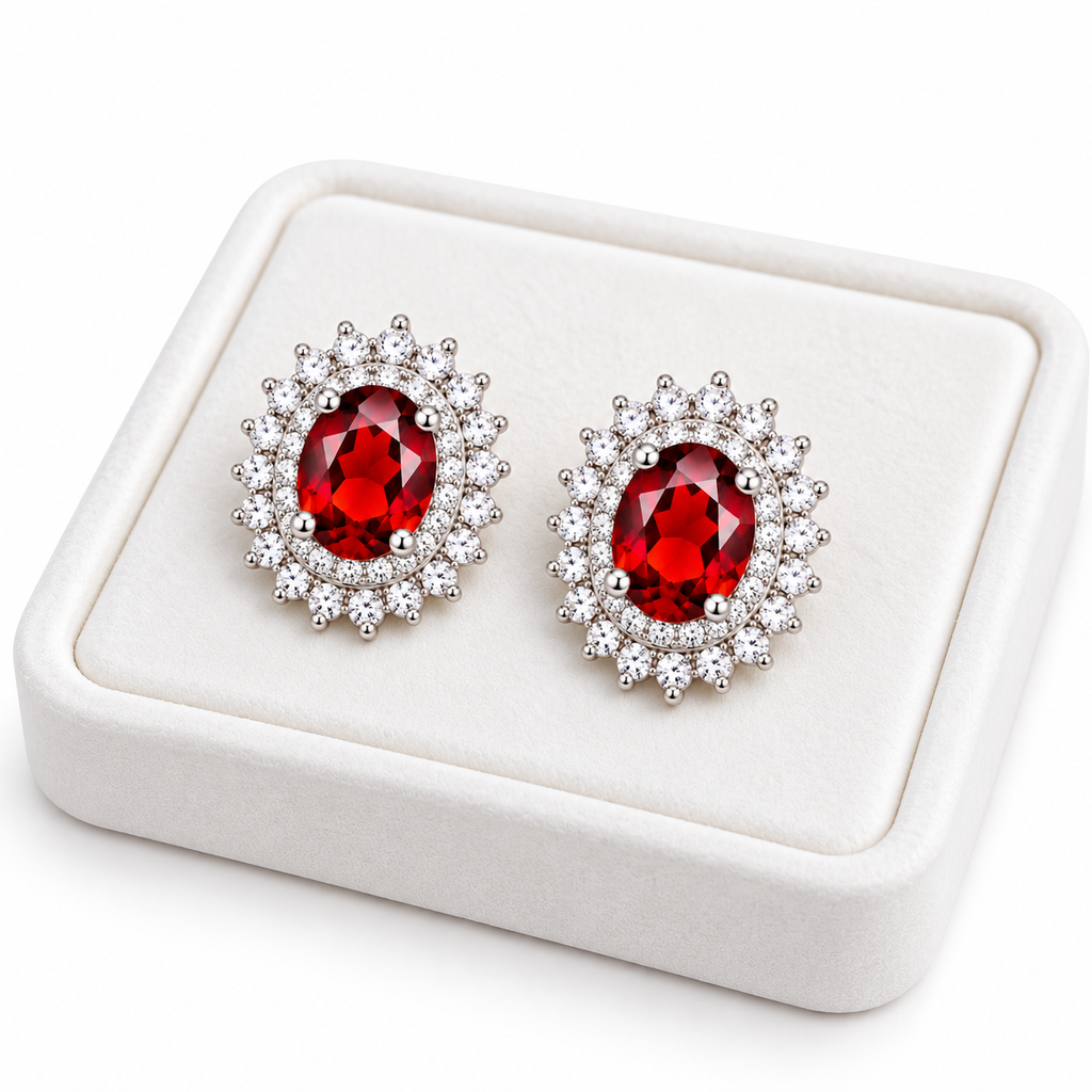 Angled white velvet jewelry tray displaying matching natural red garnet double halo stud earrings with 5x7mm oval gemstones, polished sterling silver four-prong settings, and brilliant clear cubic zirconia accents on a pure white background.