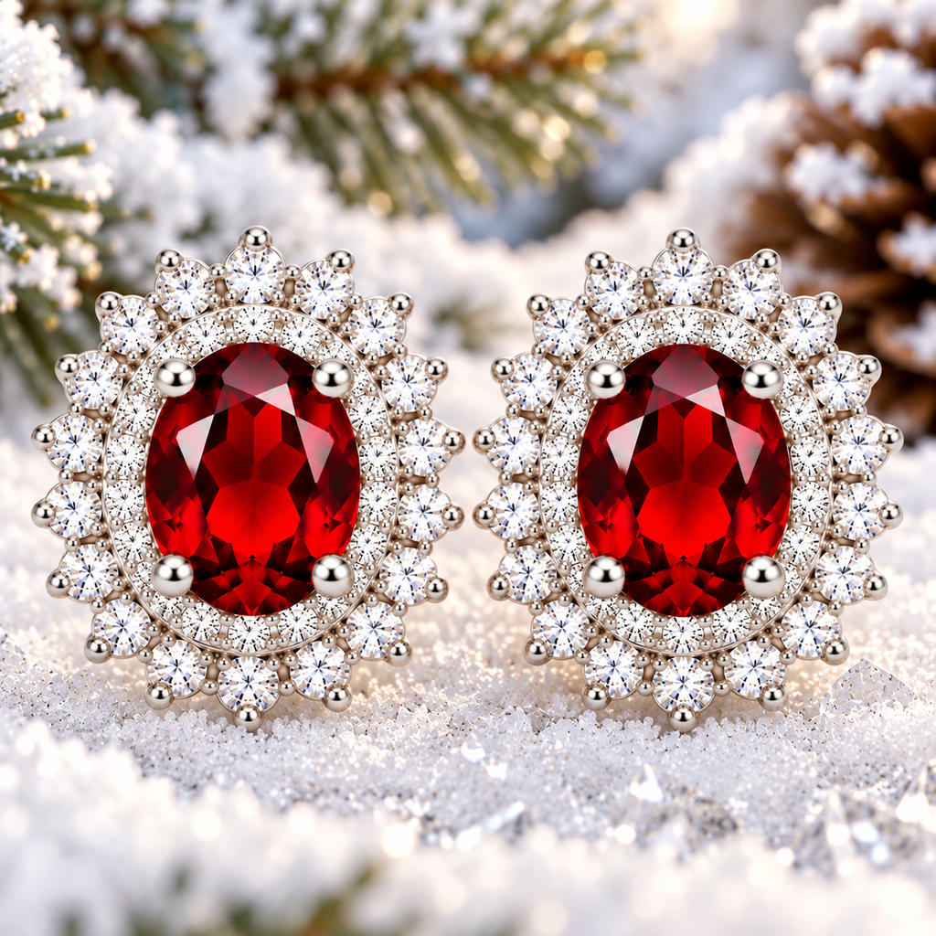 Close-up frontal macro of natural red garnet double halo stud earrings resting on sparkling white snow, highlighting deep crimson-red oval gemstones, brilliant cubic zirconia sunburst halos, and softly blurred snow-covered pine branches.