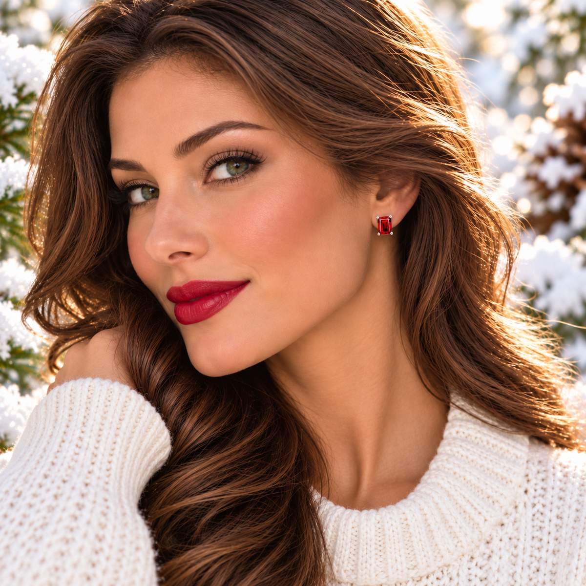 Three-quarter portrait of a brunette model with green eyes, loose brown curls, and red lipstick wearing natural 6x8mm emerald cut garnet stud earrings in polished sterling silver against a softly illuminated snowy evergreen background.