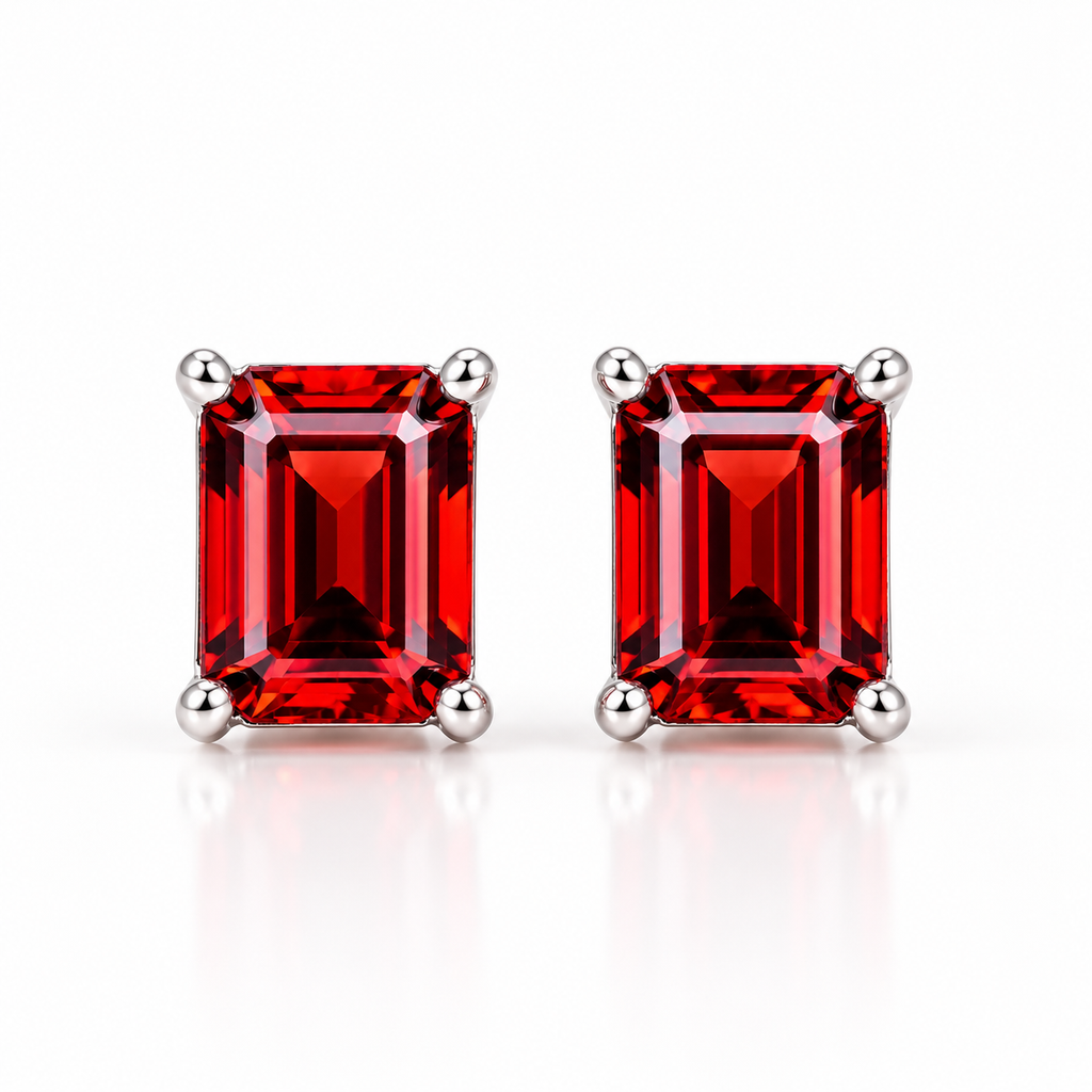 Natural red garnet emerald cut stud earrings featuring two 6x8mm rectangular crimson-red gemstones in polished 925 sterling silver four-prong settings against a pure white background.