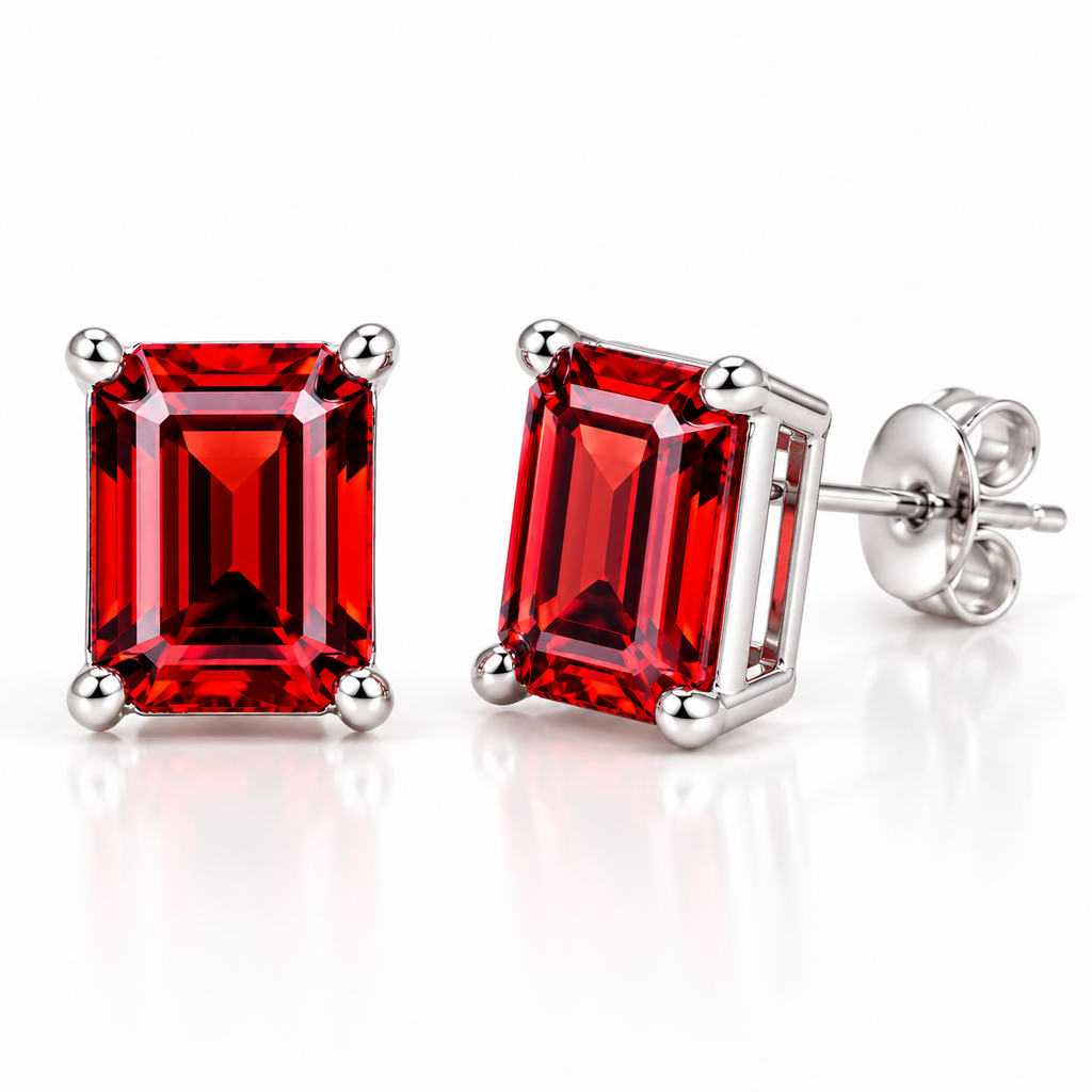Angled view of natural 6x8mm emerald cut red garnet stud earrings displaying rich crimson-red step-cut facets, polished sterling silver four-prong settings, open galleries, and butterfly-back closures.