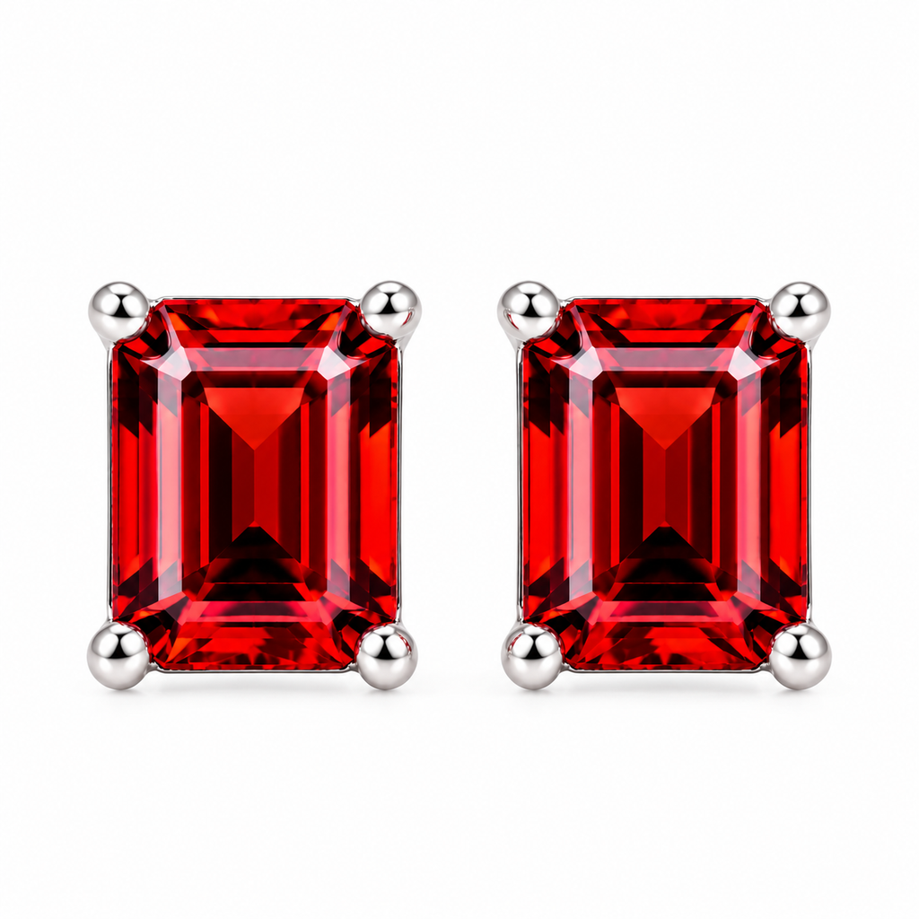 Top-down photograph of matching natural red garnet emerald cut stud earrings with 6x8mm rectangular gemstones, symmetrical four-prong sterling silver settings, and deep crimson-red reflections against a pure white background.