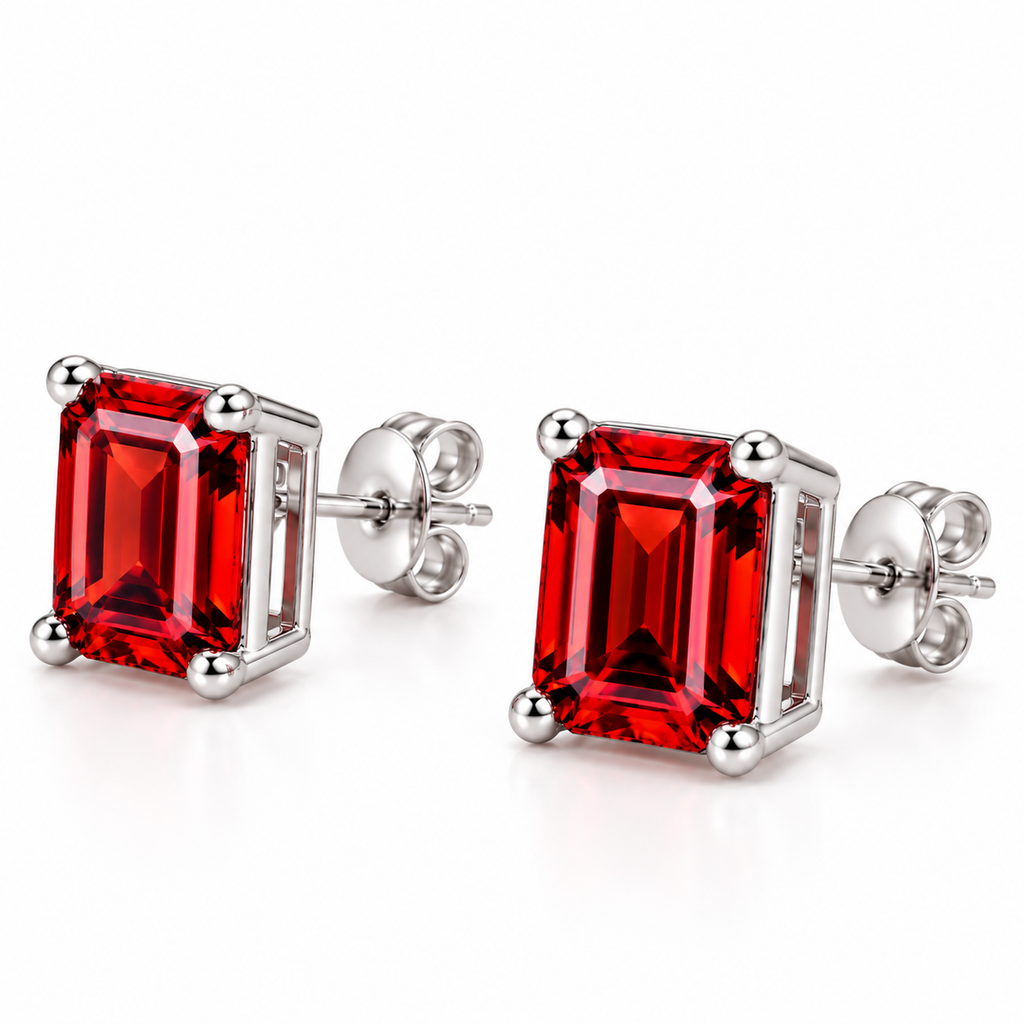 Detailed angled photograph of natural 6x8mm emerald cut red garnet stud earrings highlighting deep crimson gemstone facets, polished sterling silver four-prong settings, open galleries, and centrally positioned posts with butterfly backs.