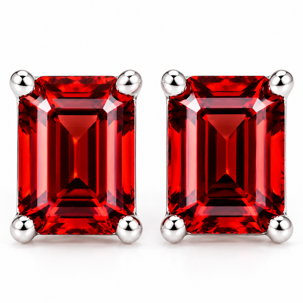 Extreme frontal macro of natural red garnet emerald cut stud earrings featuring 6x8mm rectangular gemstones with rich crimson-red step-cut facets and polished sterling silver four-prong settings on a white background.
