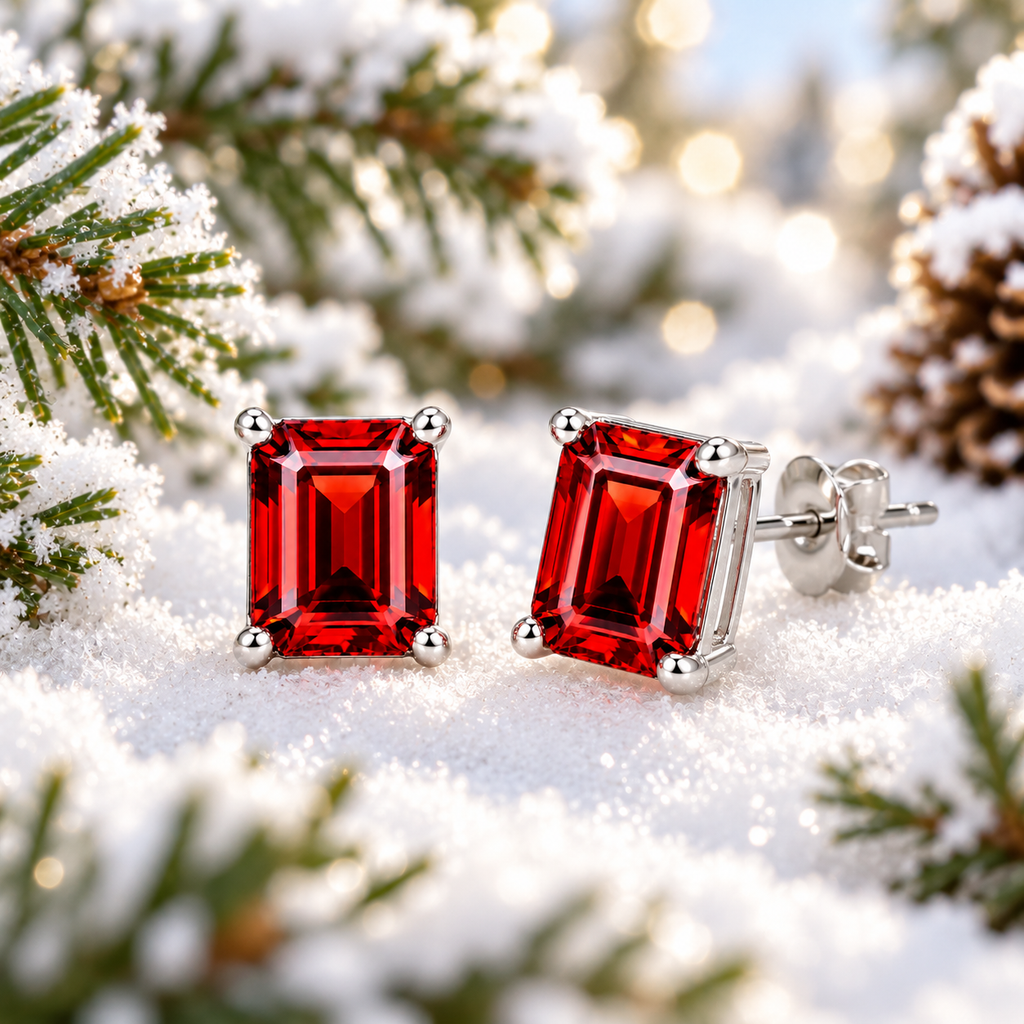 Angled view of natural 6x8mm emerald cut red garnet stud earrings resting on sparkling snow, with one earring showing its sterling silver open-gallery setting and butterfly back against softly blurred frosted pine greenery.
