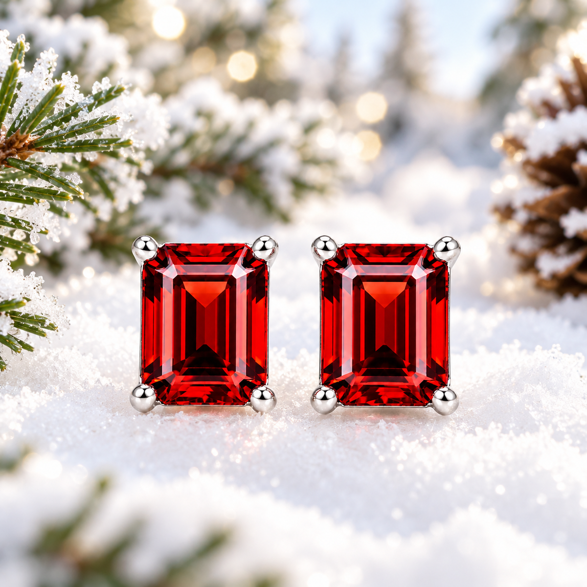 Natural red garnet emerald cut stud earrings with 6x8mm crimson gemstones displayed on sparkling white snow surrounded by frosted pine branches, snowy evergreens, pinecones, and warm winter sunlight.