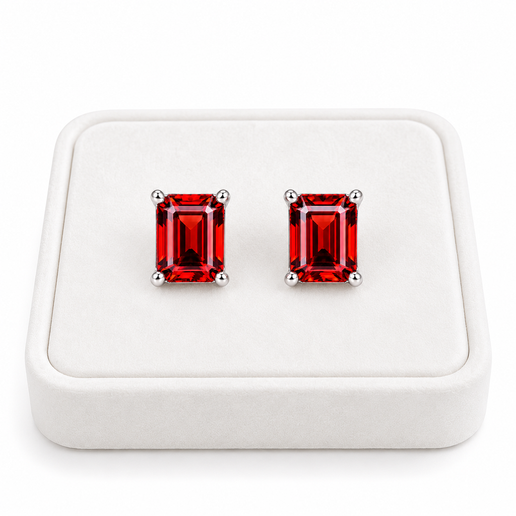 Pair of natural 6x8mm red garnet emerald cut stud earrings displayed upright on a premium white velvet jewelry tray, featuring crimson-red gemstones and polished sterling silver four-prong settings against a pure white background.