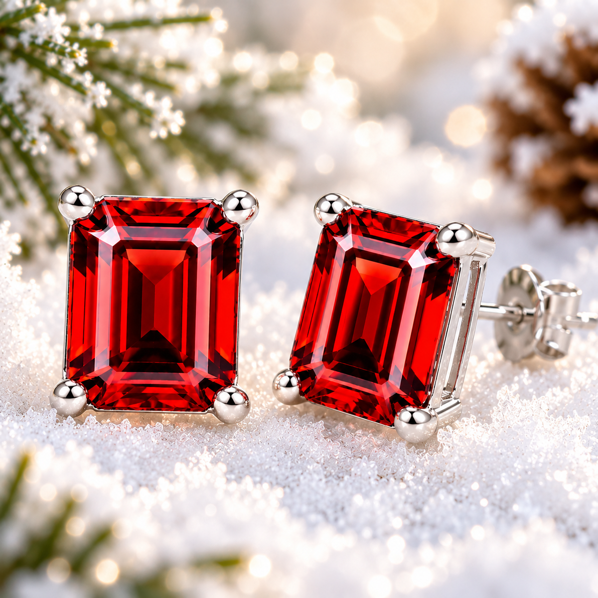 Angled macro photograph of natural 6x8mm red garnet emerald cut stud earrings surrounded by snow-covered evergreen branches, showing brilliant crimson-red facets, polished sterling silver settings, and detailed gemstone side profiles.