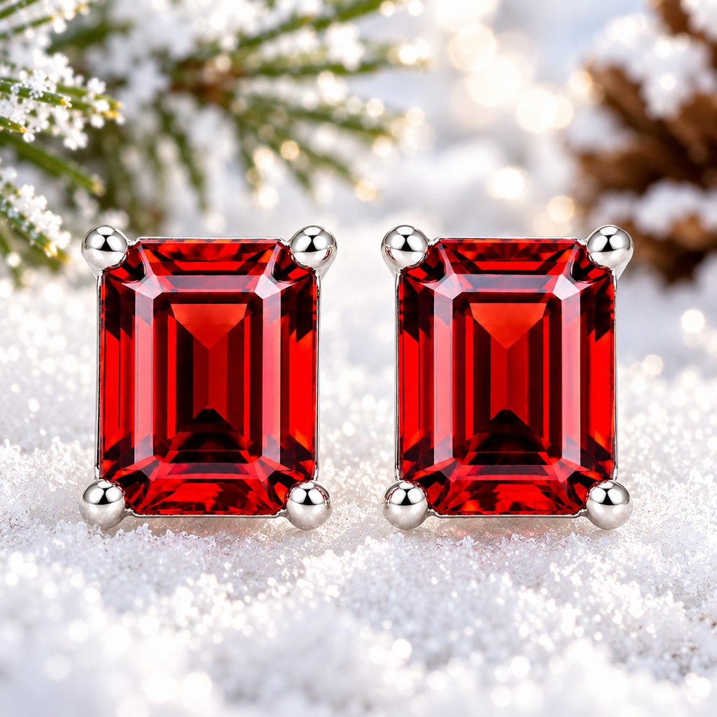 Close-up frontal macro of natural 6x8mm red garnet emerald cut stud earrings resting on sparkling snow, highlighting deep crimson-red gemstone facets, polished sterling silver four-prong settings, and softly blurred winter pine branches.