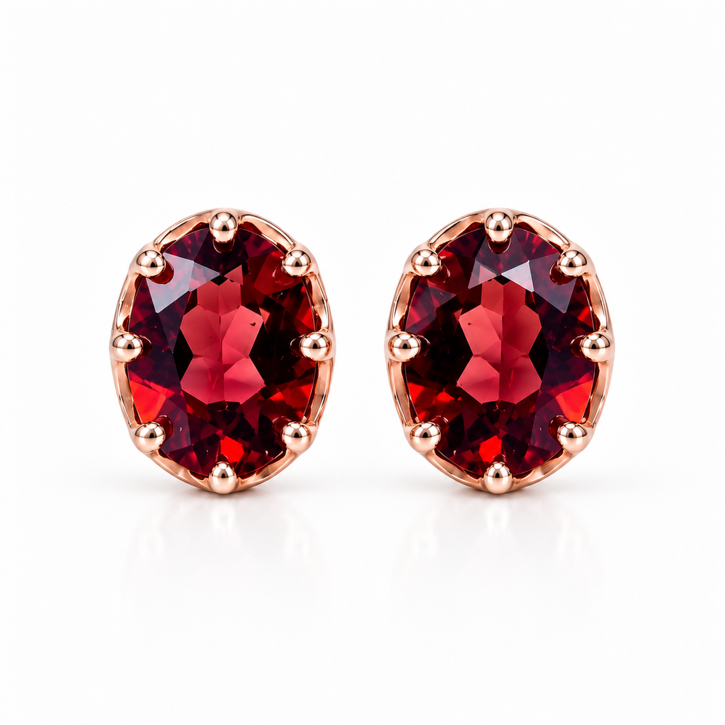 Natural red garnet oval stud earrings featuring two 6x8mm faceted deep crimson-red gemstones in polished rose gold plated 925 sterling silver multi-prong settings on a pure white background.