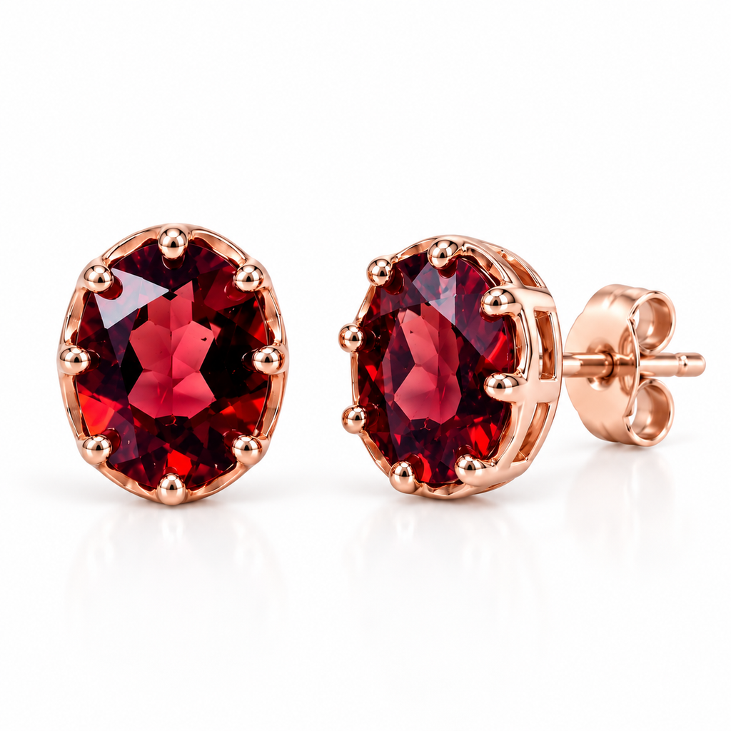Angled view of natural 6x8mm oval red garnet stud earrings showing rich burgundy gemstone facets, polished rose gold plated sterling silver prong settings, open galleries, and butterfly-back closures.