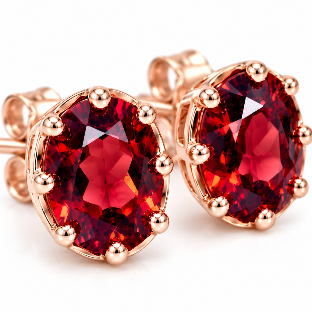 Extreme macro photograph of natural red garnet oval stud earrings displaying detailed 6x8mm gemstone faceting, deep wine-red color, vivid crimson highlights, and polished rose gold plated sterling silver prong settings.