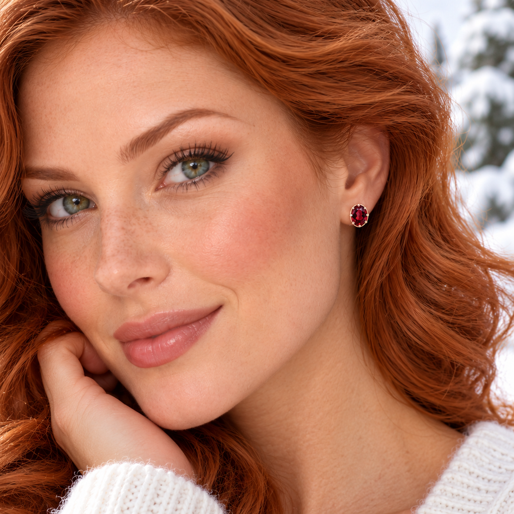 Close-up portrait of a redhead model with green eyes, freckles, and loose auburn curls wearing a natural 6x8mm oval red garnet stud earring in a rose gold plated sterling silver setting against softly blurred snowy evergreens.