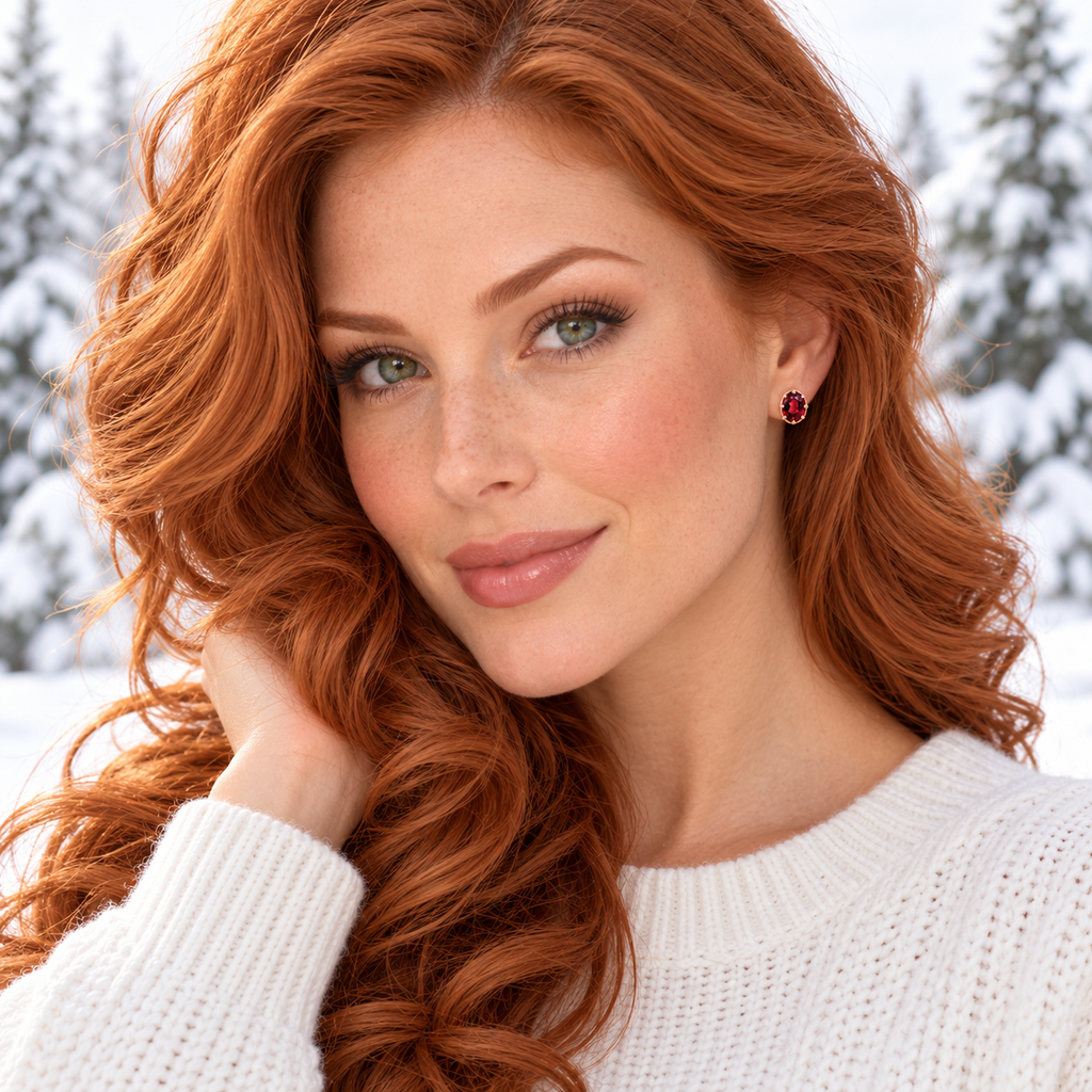 Redhead woman with large loose copper curls, natural green eyes, and a cream knitted sweater wearing natural 6x8mm red garnet oval stud earrings in rose gold plated sterling silver against a snowy pine tree background.