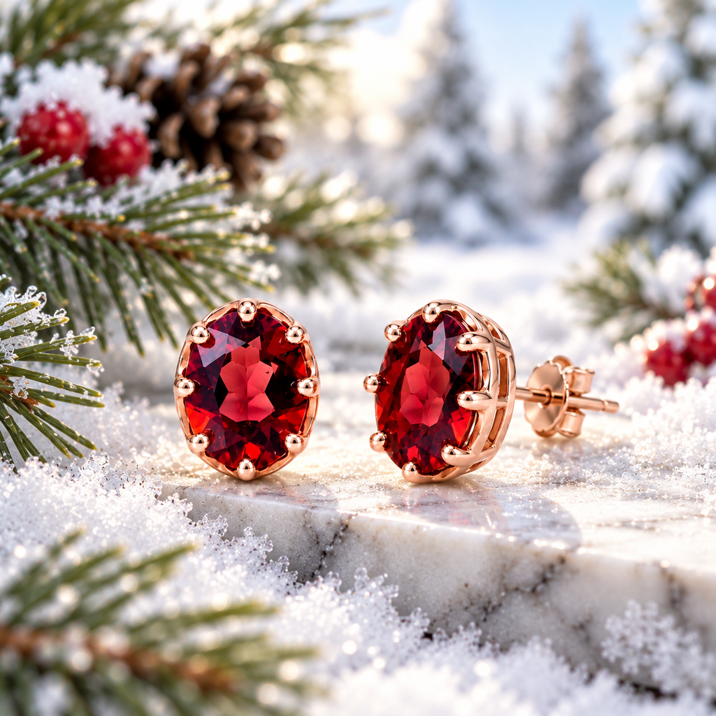 Angled view of natural 6x8mm oval red garnet stud earrings resting on snowy marble with one earring showing its rose gold plated open-gallery setting, surrounded by frosted evergreen branches and winter greenery.