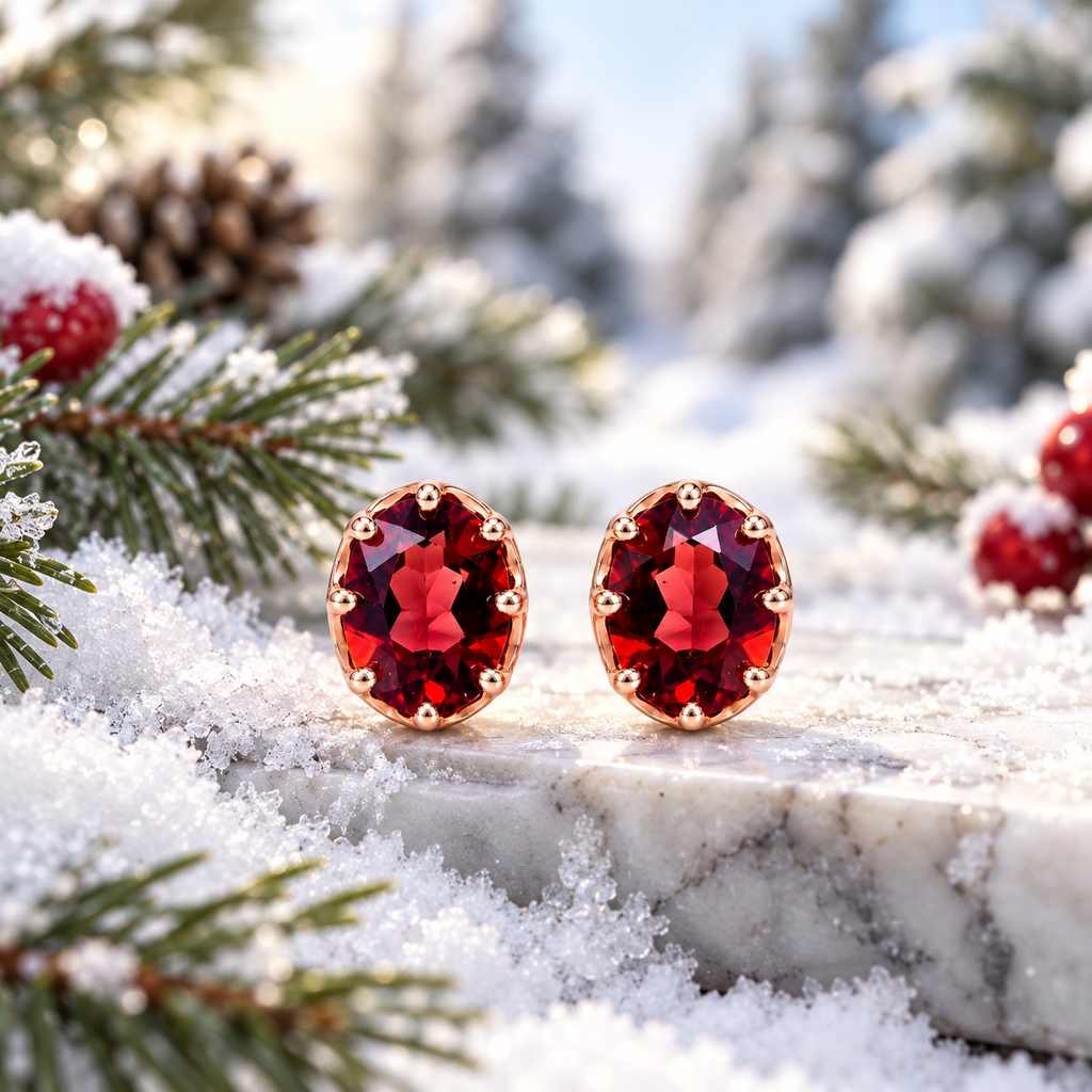 Natural red garnet oval stud earrings with 6x8mm crimson gemstones displayed on snow-dusted white marble surrounded by frosted pine branches, winter greenery, pinecones, and red berries.