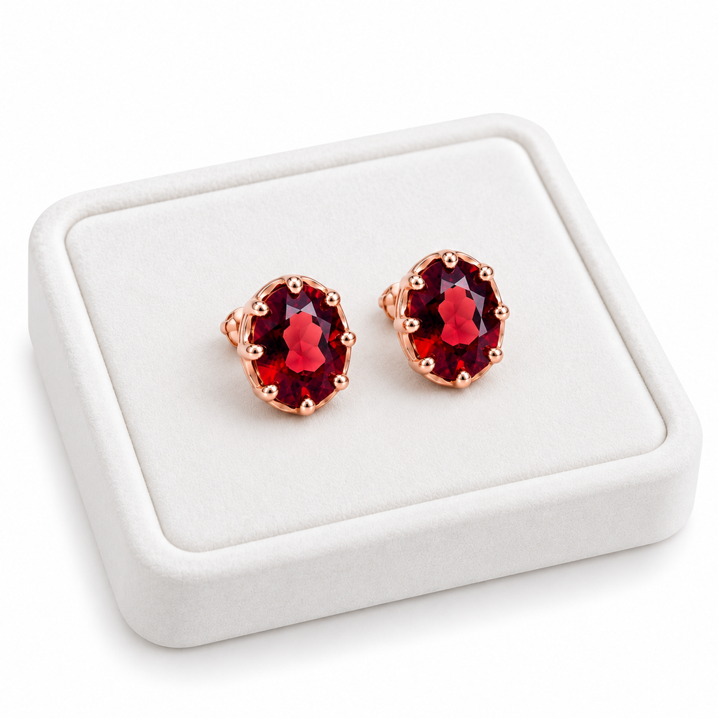Angled white velvet jewelry tray displaying matching natural red garnet oval stud earrings with 6x8mm gemstones, polished rose gold plated settings, and brilliant crimson-red reflections on a clean white background.