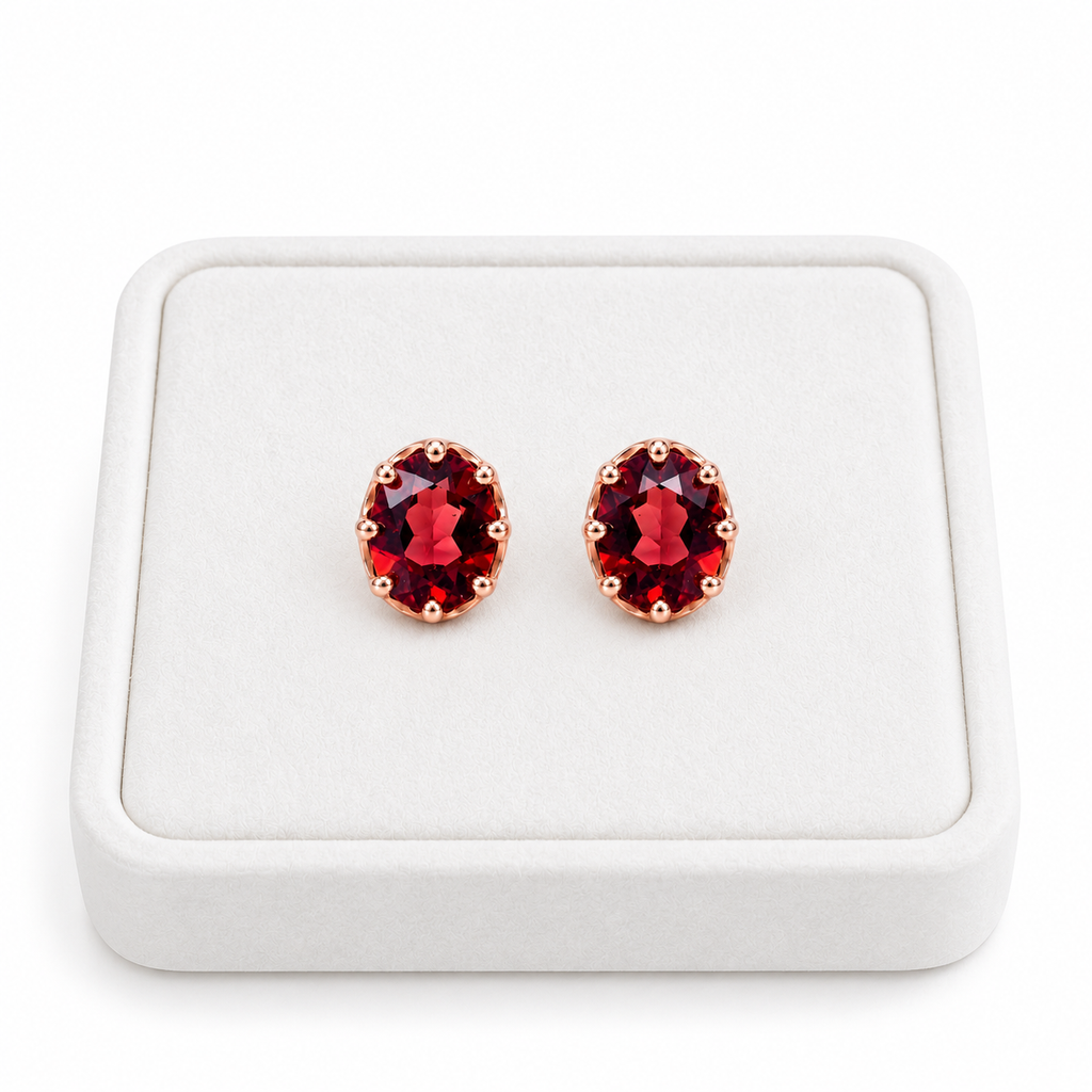 Pair of natural 6x8mm red garnet oval stud earrings displayed upright on a premium white velvet jewelry tray, featuring rich crimson gemstones and polished rose gold plated sterling silver settings against a pure white background.