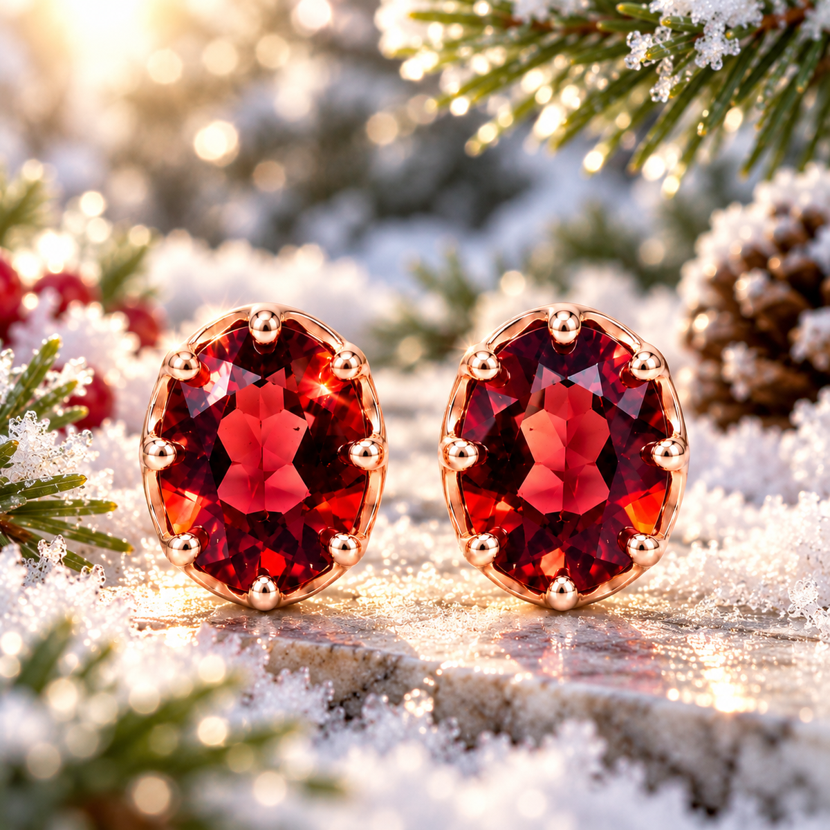 Frontal macro photograph of natural 6x8mm red garnet oval stud earrings with warm winter sunlight illuminating their crimson-red facets and rose gold plated settings against sparkling snow and softly blurred pine greenery.