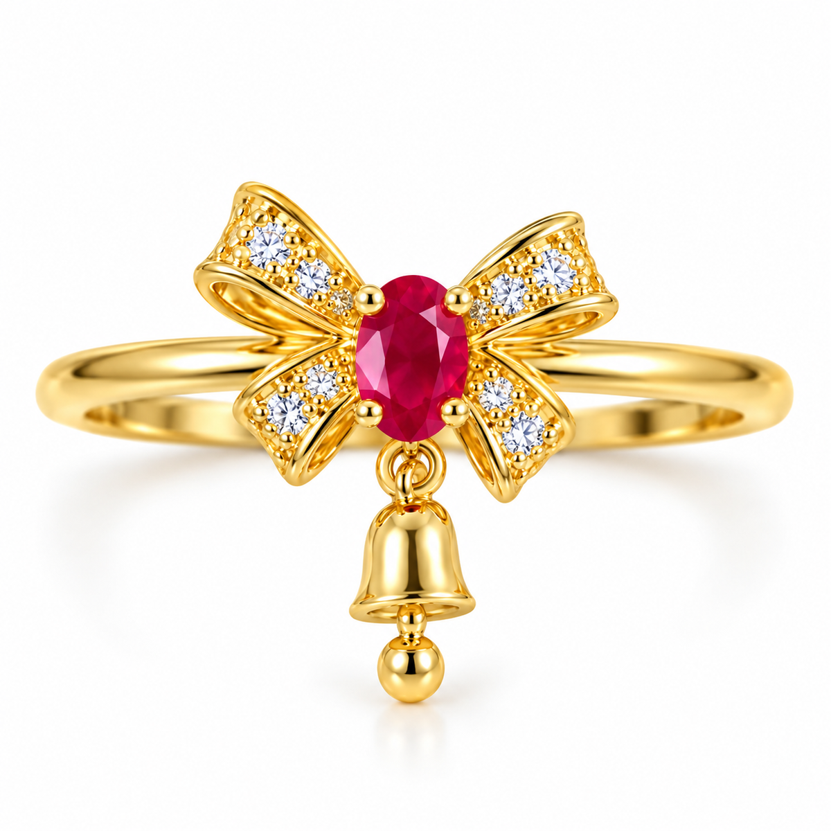 Front view of Phimsera natural ruby Christmas bow ring featuring a 3x4mm oval crimson-red ruby, sparkling white CZ ribbon bow and dangling gold bell charm in gold-plated 925 sterling silver.