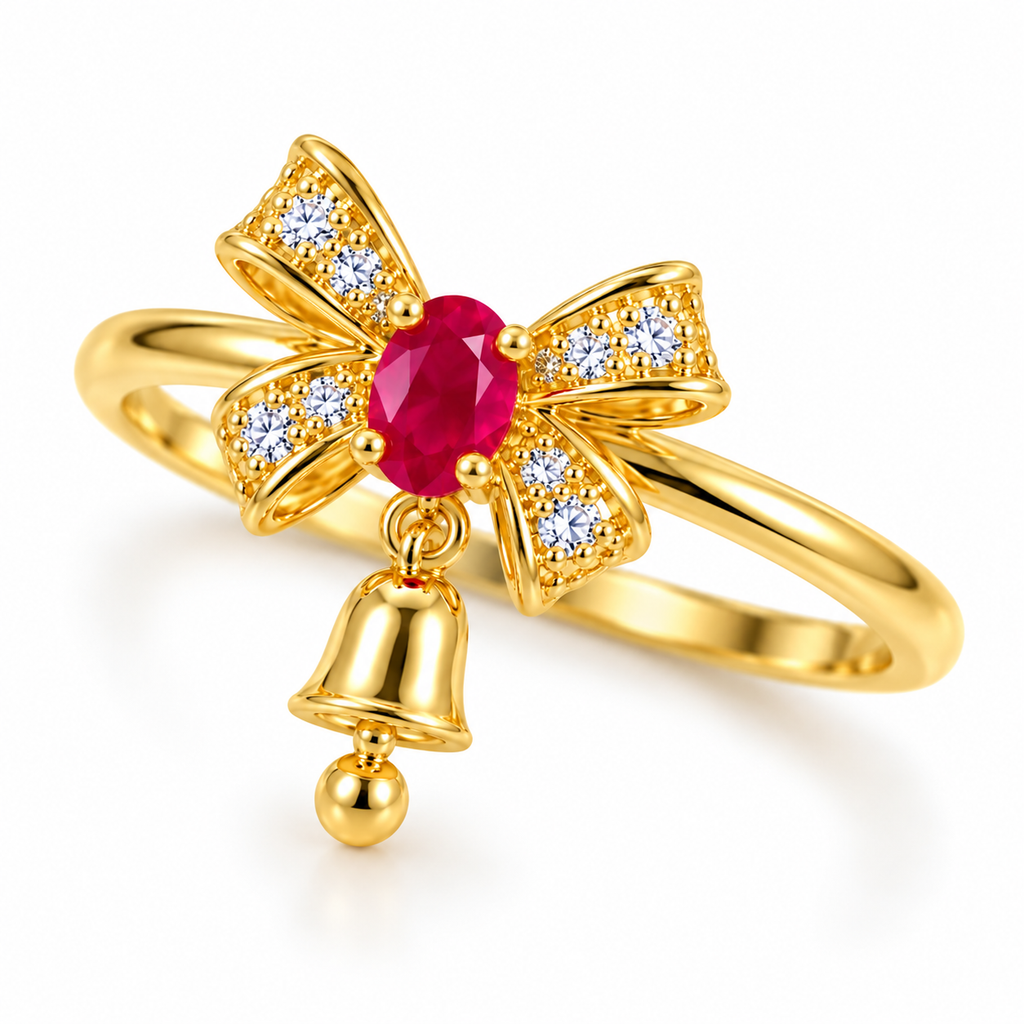 Three-quarter angled view of gold-plated sterling silver ruby bow ring showing its oval natural ruby, four sparkling CZ ribbon sections, slender polished band and petite dangling Christmas bell.