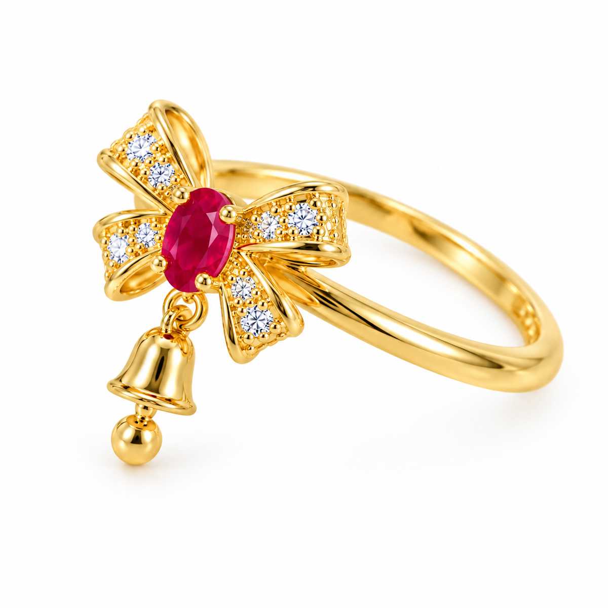 Side-angle view of a gold-plated 925 sterling silver ruby bow ring showing the raised oval ruby setting, curved gemstone-studded ribbon loops, slender band and small hanging gold bell.