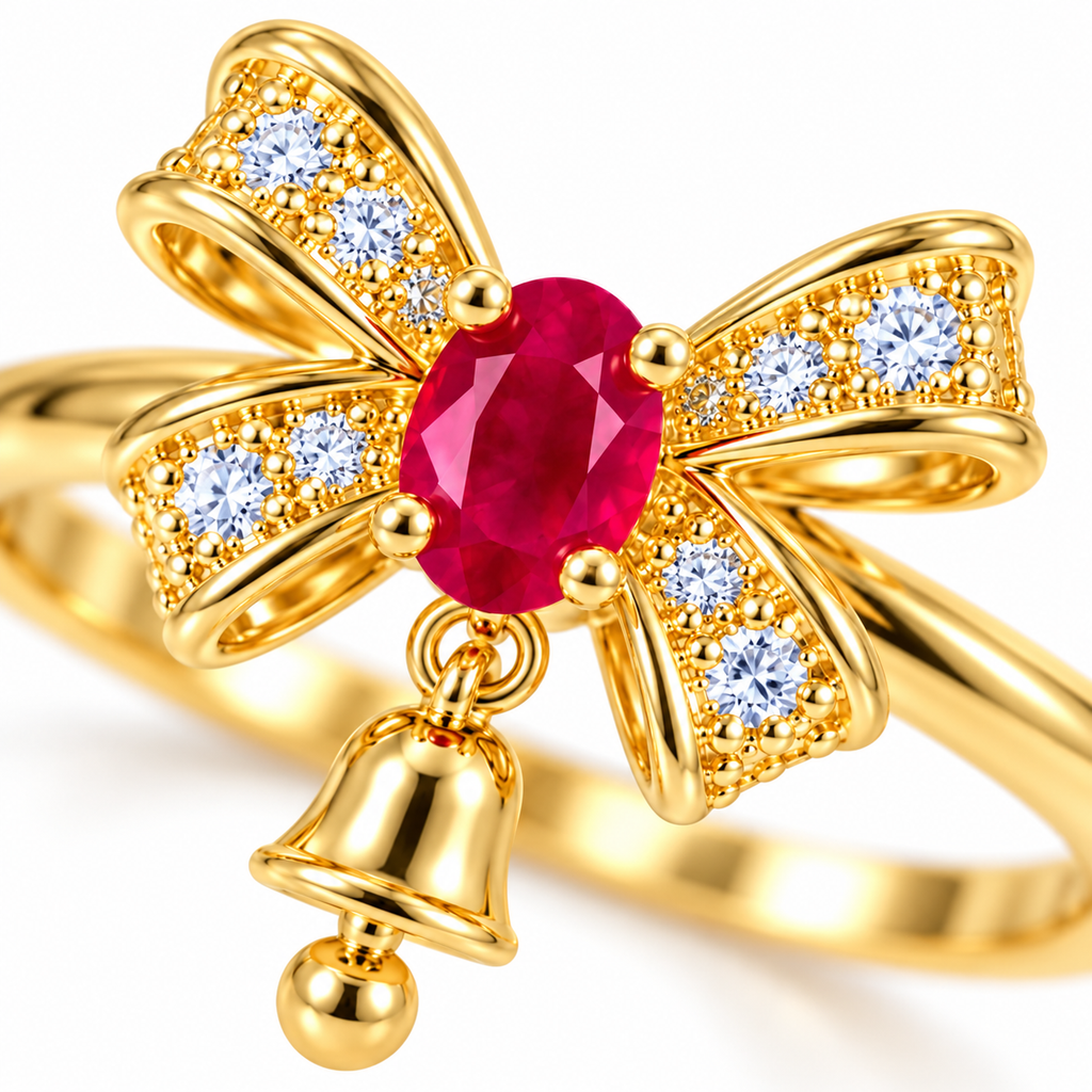 Macro close-up of Phimsera Christmas bow ring highlighting the rich crimson-red oval ruby, four gold prongs, sparkling white cubic zirconia bow accents and miniature dangling gold bell charm.