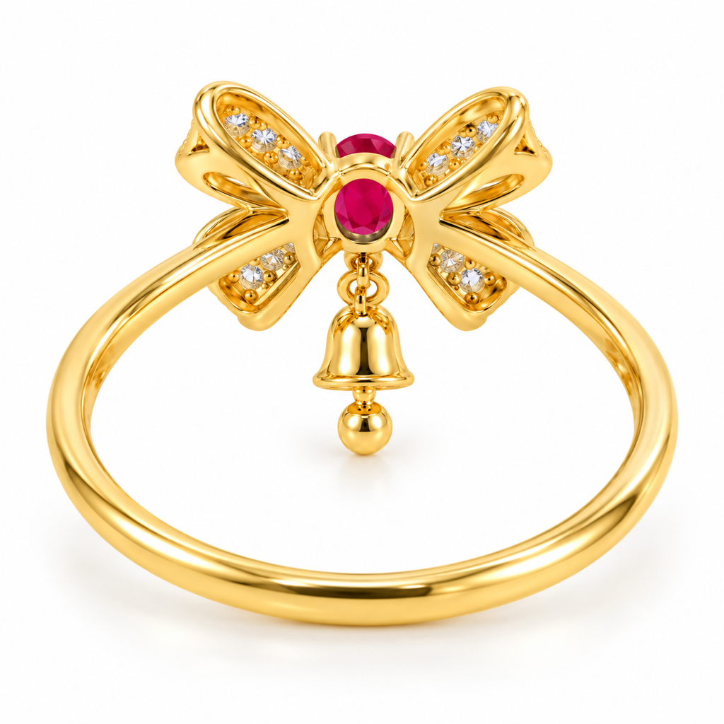 Rear underside view of natural ruby Christmas bow ring displaying the polished gold-plated sterling silver band, open bow construction, gemstone setting and small suspended gold bell charm.