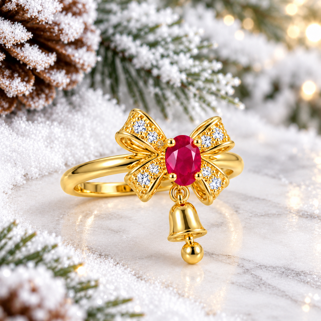 Angled view of a natural ruby bow and bell ring resting on white snow with frosted evergreen branches, pinecones and soft golden Christmas lights in the background.