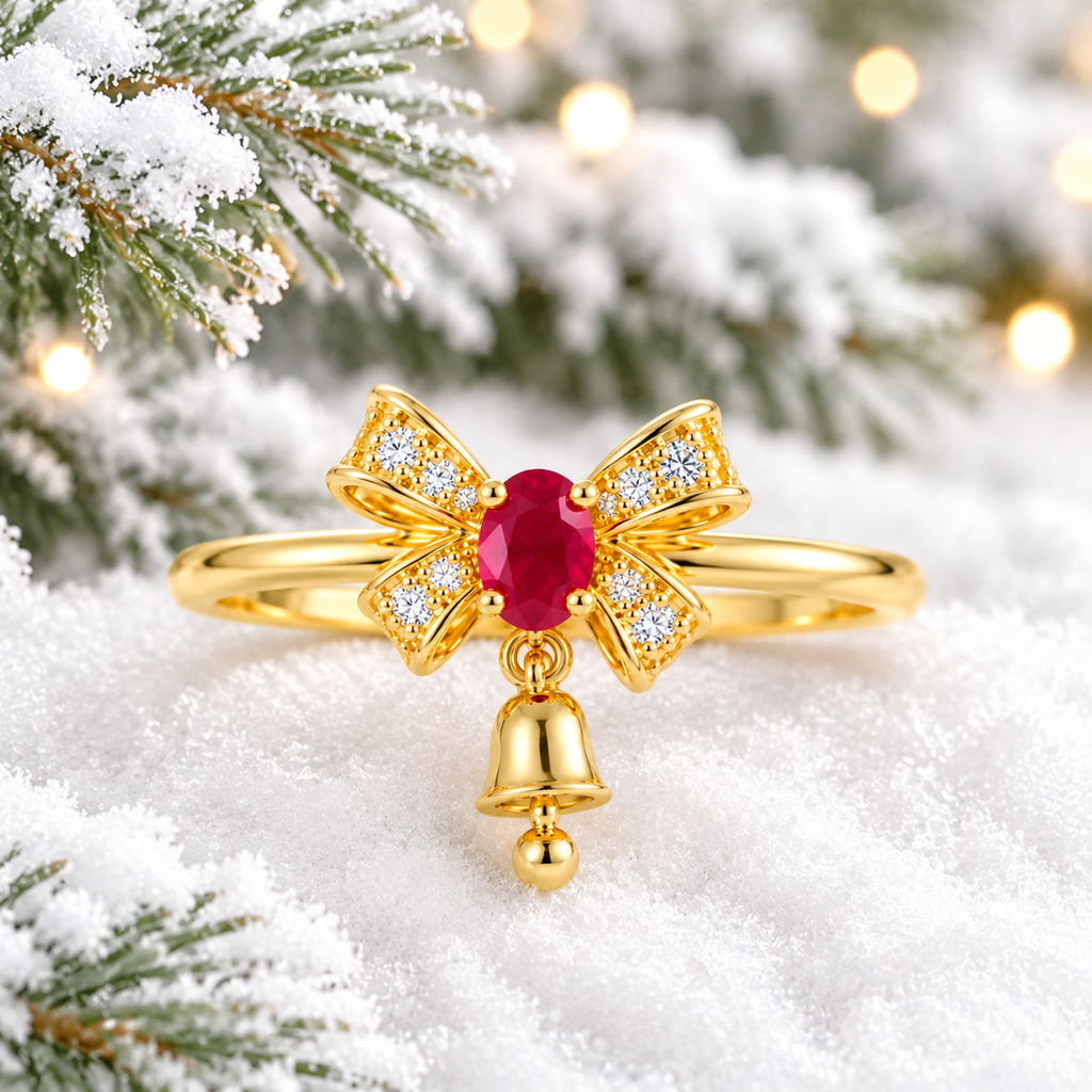 Gold-plated natural ruby Christmas bow ring with sparkling CZ accents and a dangling bell displayed on a snowy white surface surrounded by frosted pine branches and warm holiday lights.
