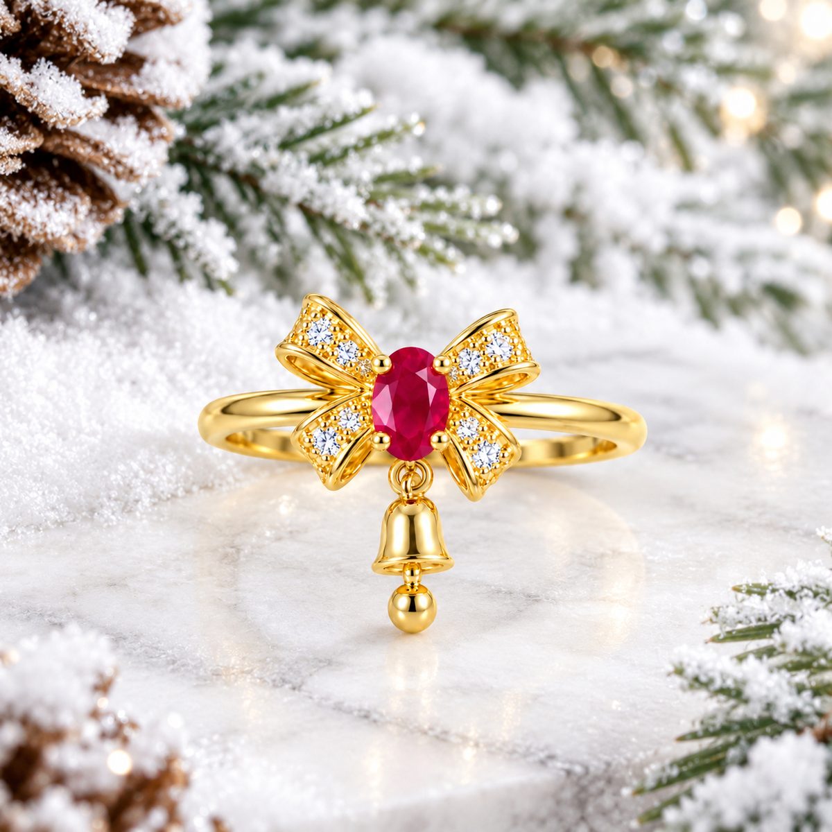 A gold Christmas ornament ring shaped like a bow with a red oval center stone and small clear stones, with a dangling gold bell, displayed on a snowy marble surface with pine branches and a pinecone in the background.