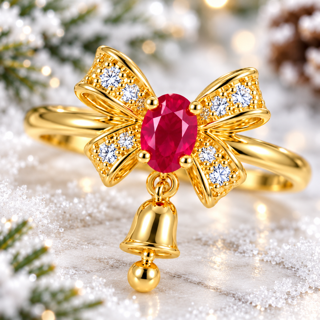 Close-up holiday photograph of a gold ruby bow ring featuring a vivid oval crimson-red gemstone, sparkling white cubic zirconia ribbon details and a tiny gold bell against snowy pine branches.