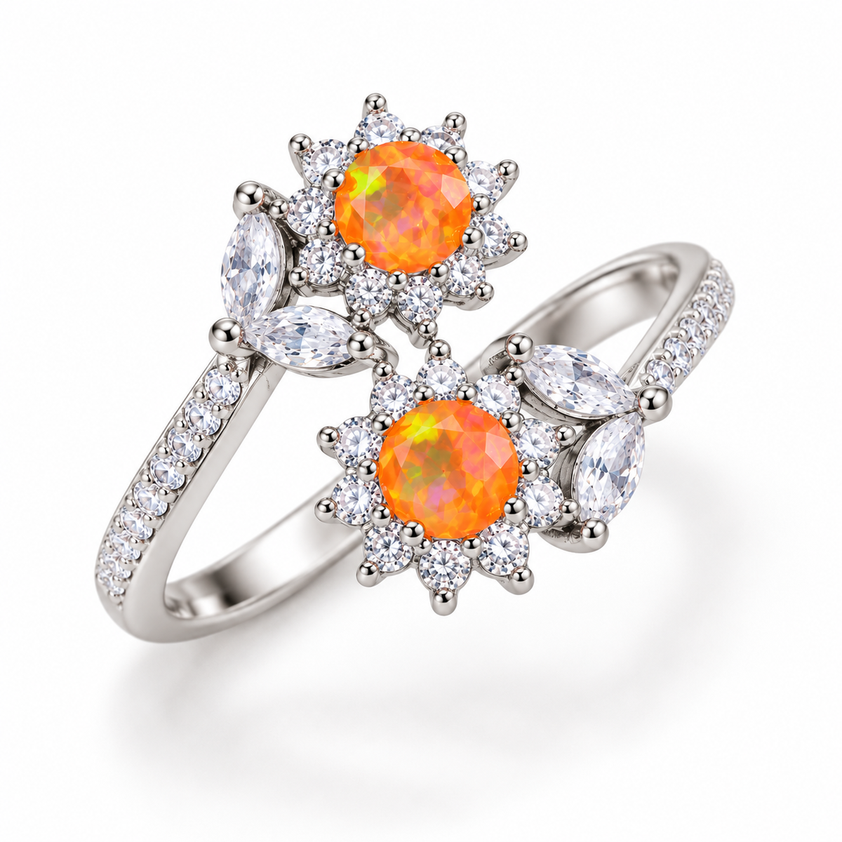Angled view of a two-stone orange fire opal ring with round 4mm dyed Australian opals, clear cubic zirconia halos, and marquise-shaped accents.