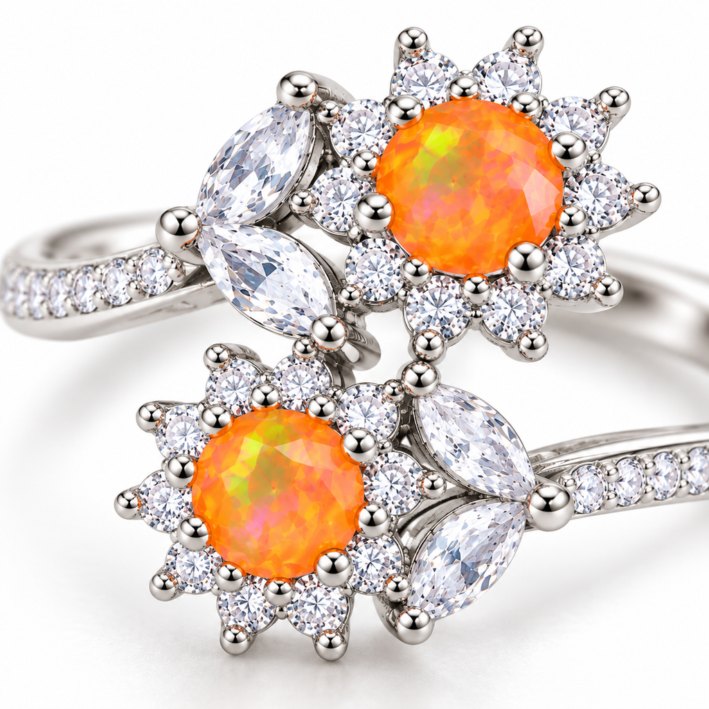 Close-up of the two round orange-dyed Australian white fire opals and surrounding cubic zirconia accents in a floral-inspired ring design.