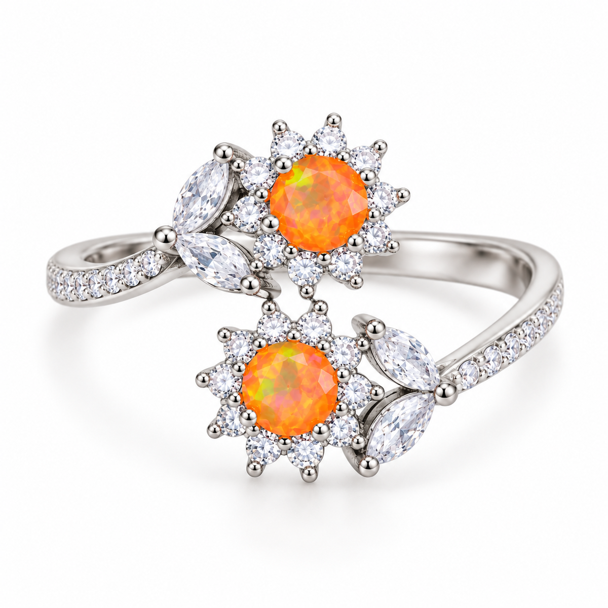 Three-quarter view of a floral-inspired orange opal bypass ring showing its two orange gemstone centers, sparkling cubic zirconia accents, and curved band.