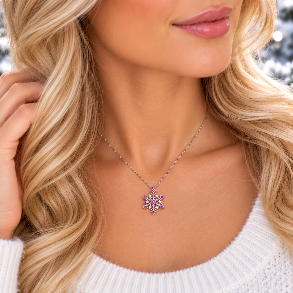 Close-up of a blonde model with soft curls wearing a pink moissanite snowflake pendant necklace with a delicate silver chain, pink gemstones and clear white cubic zirconia accents.