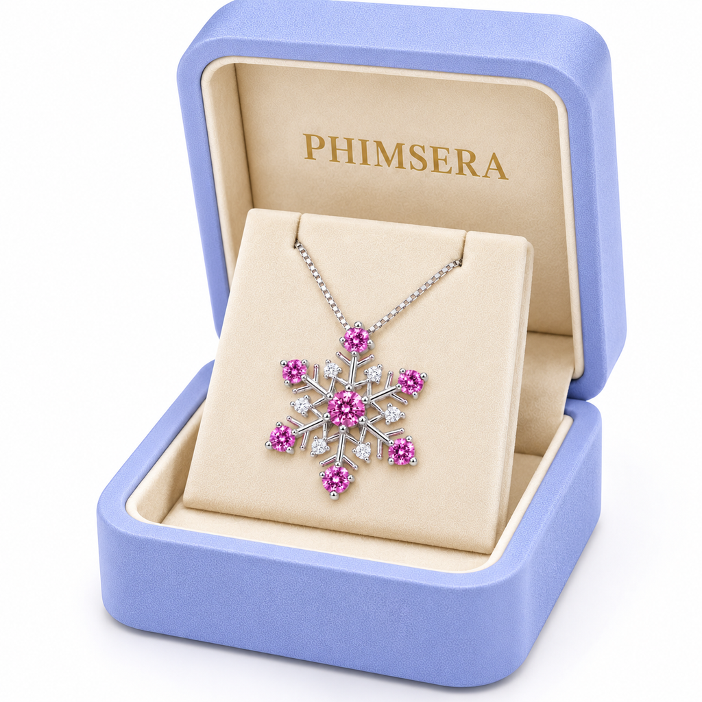 Three-quarter view of a pink moissanite snowflake necklace presented in an open periwinkle Phimsera jewelry box with cream velvet lining and gold branding against a white background.
