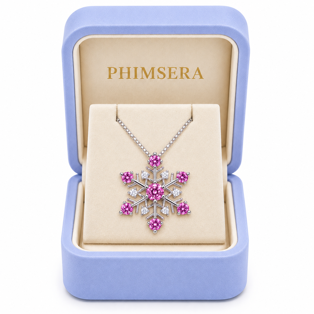 Pink moissanite snowflake necklace displayed inside a periwinkle Phimsera jewelry gift box with an ivory interior and gold PHIMSERA lettering, featuring pink moissanite and white CZ gemstones.